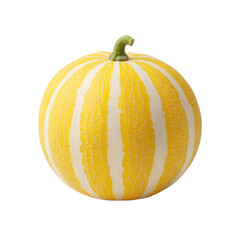 Whole Striped Yellow Melon with Stem Isolated on Transparent Background