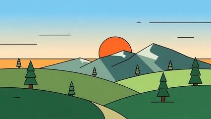 Serene mountain landscape with trees sunset.