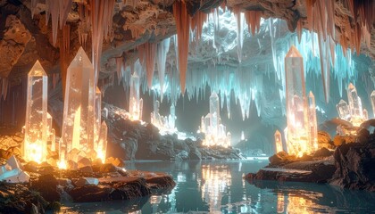 Enchanting Crystal Cave with Glowing Formations and Reflecting Water.