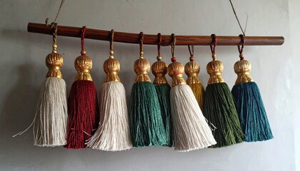 Colorful Decorative Tassels Hanging on a Wooden Branch Against a White Wall.