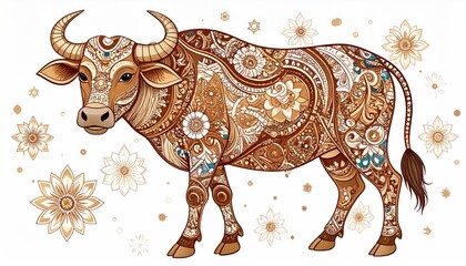 Intricate Mandala Patterned Ox Illustration on White Background.