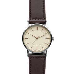 Classic Minimalist Wristwatch with Brown Leather Strap Isolated on Transparent Background