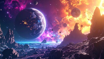 Vibrant Cosmic Landscape with Planets and Nebulae.
