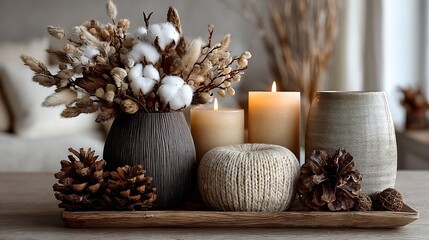 Autumnal Decoration with Candles and Pinecones on Wooden Tray
