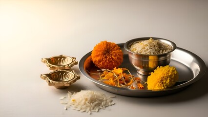 Traditional Hindu Puja Thali with Rice, Marigolds, and Brass Diyas