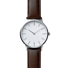 Classic Minimalist Wristwatch with Brown Leather Strap Isolated on Transparent Background