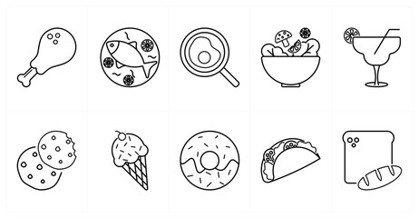 Fototapeta premium A set of 10 mix icons as chicken leg, fish dish, omlette