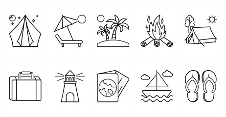 A set of 10 mix icons as tent, beach umbrella, palm tree