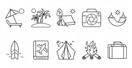 A set of 10 mix icons as beach umbrella, palm tree, tent