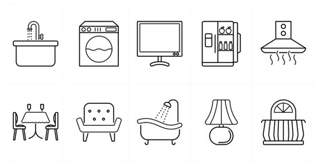 A set of 10 mix icons as sink, washing machine, television