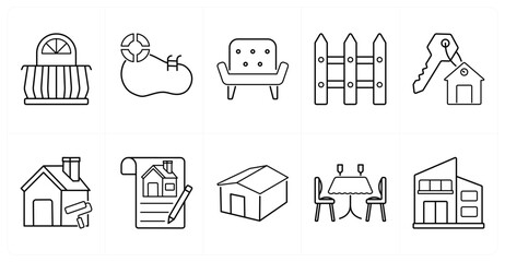 A set of 10 mix icons as balcony, swimming pool, sofa