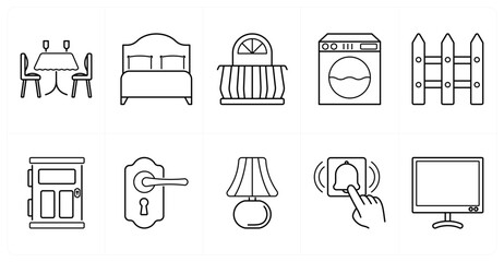 A set of 10 mix icons as dining table, bed, balcony