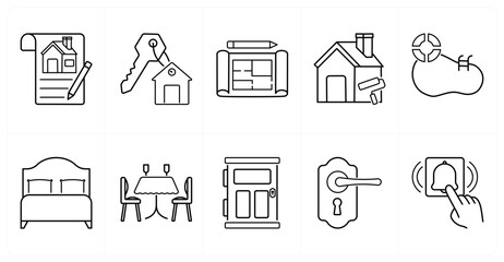 A set of 10 mix icons as house contract, house key, floor plan