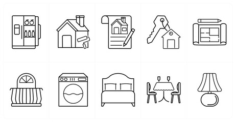 A set of 10 mix icons as referigerator, home renovation, house contract
