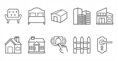 A set of 10 mix icons as sofa, bed, warehouse