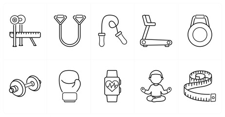 A set of 10 mix icons as bench press, resistance band, jum rope © popcornarts