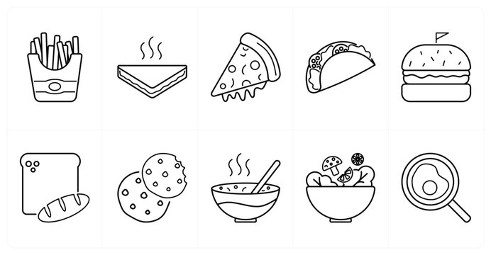 A set of 10 mix icons as french fries, sandwich, pizza slice
