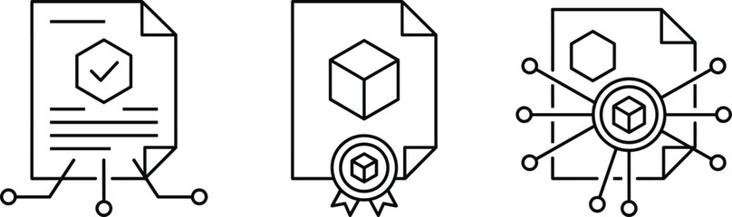 Blockchain document verification icons set, smart contract certification files, digital approval workflow, secure data validation, decentralized technology illustration, line vector design