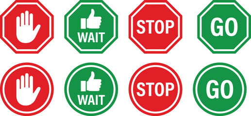 Colorful stop and go traffic signs set, red and green road symbols, wait hand gesture, circular and octagonal safety icons isolated on white background