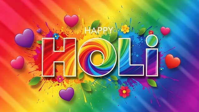 Vibrant holi celebration graphic with colorful hearts and flowers on rainbow background