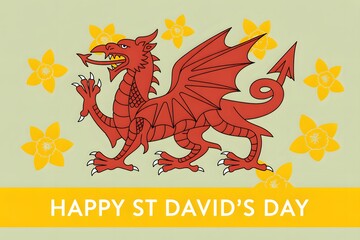 Happy St Davids Day Flag with Red Dragon and Yellow Daffodils Greeting Card