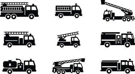 Firefighting, vehicles, icons, set, fire, truck, silhouettes, emergency, response, firetruck, ladder, engine, rescue, equipment, flat, design, black, icons, collection, isolated, white, background,
