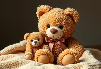 Obraz premium Adorable brown teddy bear with smaller plush bear friend sitting on soft blanket, cute, friends