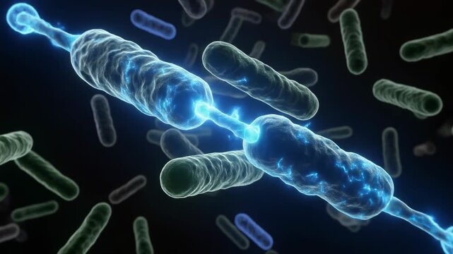 Microscopic view of bacterial conjugation, a process of gene transfer between bacteria