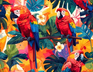 Vibrant tropical pattern showcasing colorful scarlet macaws perched on branches amid lush foliage, including large leaves and blossoms
