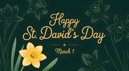 Happy St Davids Day Greeting Card with Yellow Daffodils and Green Leaves