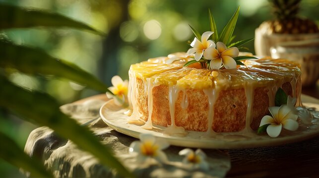 Pineapple Chiffon Cake with Tropical Glaze and Frangipani Flowers