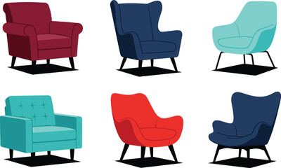 Modern armchair collection, colorful lounge chairs set, contemporary furniture illustration, minimalist interior seating design, stylish home decor elements, vector style