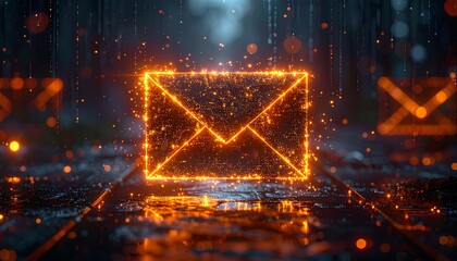 Futuristic glowing email envelope icon in neon orange light within a dark digital corridor, symbolizing secure communication, messaging technology, data exchange, and modern connectivity.