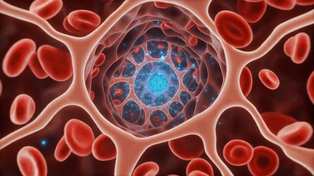 Microscopic journey through pulmonary alveoli, visualizing gas exchange