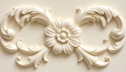 Elegant ornamental wall relief featuring a symmetrical floral motif in soft ivory tones, classic baroque-inspired design with smooth curves and refined detail on a neutral background.