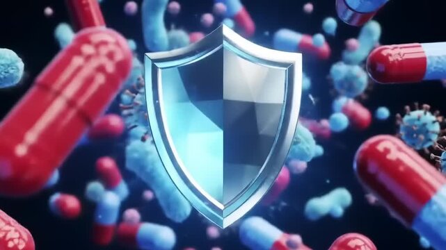 Antibiotic shield protecting against bacteria and viruses concept.