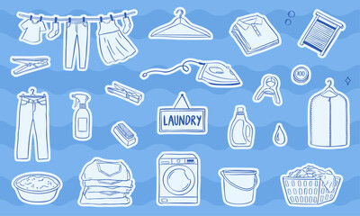 laundry theme doodle icon hand drawn sketch collection set - vector with blue wavy background
