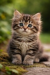 Obraz premium Adorable fluffy kitten sitting on a garden path with green background and soft natural light