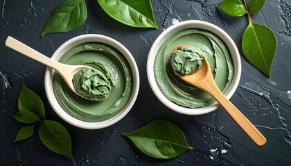 Two bowls of green face mask with wooden spoons and fresh green leaves on dark surface