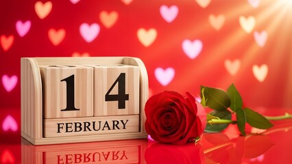 Fototapeta premium A romantic scene featuring a wooden calendar displaying february fourteenth and a single red rose