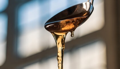 with tiny air bubbles suspended within. In the softly blurred background, a window pane or geometric pattern creates a cool-toned backdrop, d