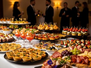 Fototapeta premium Gourmet Buffet Selection with Appetizers, Canapés, and Shrimp Cocktails at a Formal Corporate Party or Wedding Reception