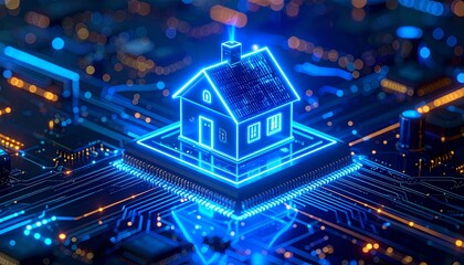 Futuristic smart home hologram glowing in blue atop a digital circuit board, representing real estate technology, connectivity, automation, and secure modern living.