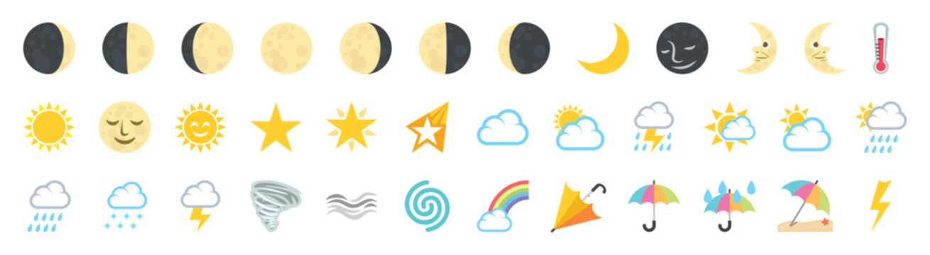 Collection of weather emojis and icons in a vector illustration style