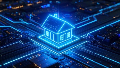 Futuristic smart home hologram glowing in blue atop a digital circuit board, representing real estate technology, connectivity, automation, and secure modern living.