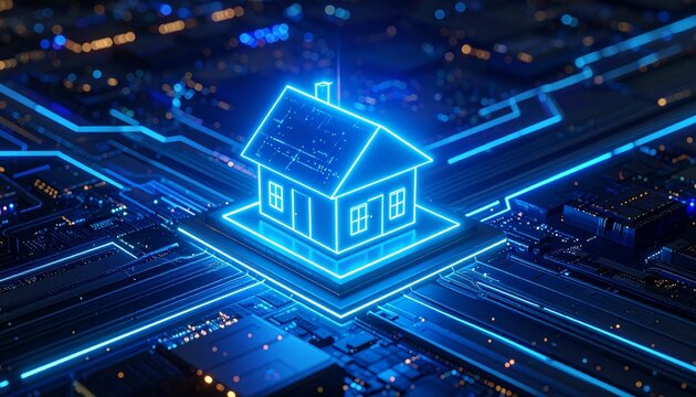 Futuristic smart home hologram glowing in blue atop a digital circuit board, representing real estate technology, connectivity, automation, and secure modern living. - Powered by Adobe