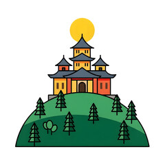 Naklejka premium Traditional Asian Pagoda Temple on Green Hill Under Sun - Cultural Architecture Landmark Illustration Transparent Background