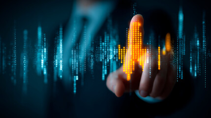 Businessman touching a futuristic digital interface with glowing data blocks and code for business analytics and innovation