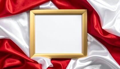 Elegant flat lay of a blank gold picture frame centered on flowing red and white satin fabric, luxurious folds and soft lighting creating a refined, ceremonial, and premium presentation.