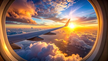 View from an airplane window, capturing a wing and a vibrant sunset over a sea of fluffy clouds, framed by the porthole